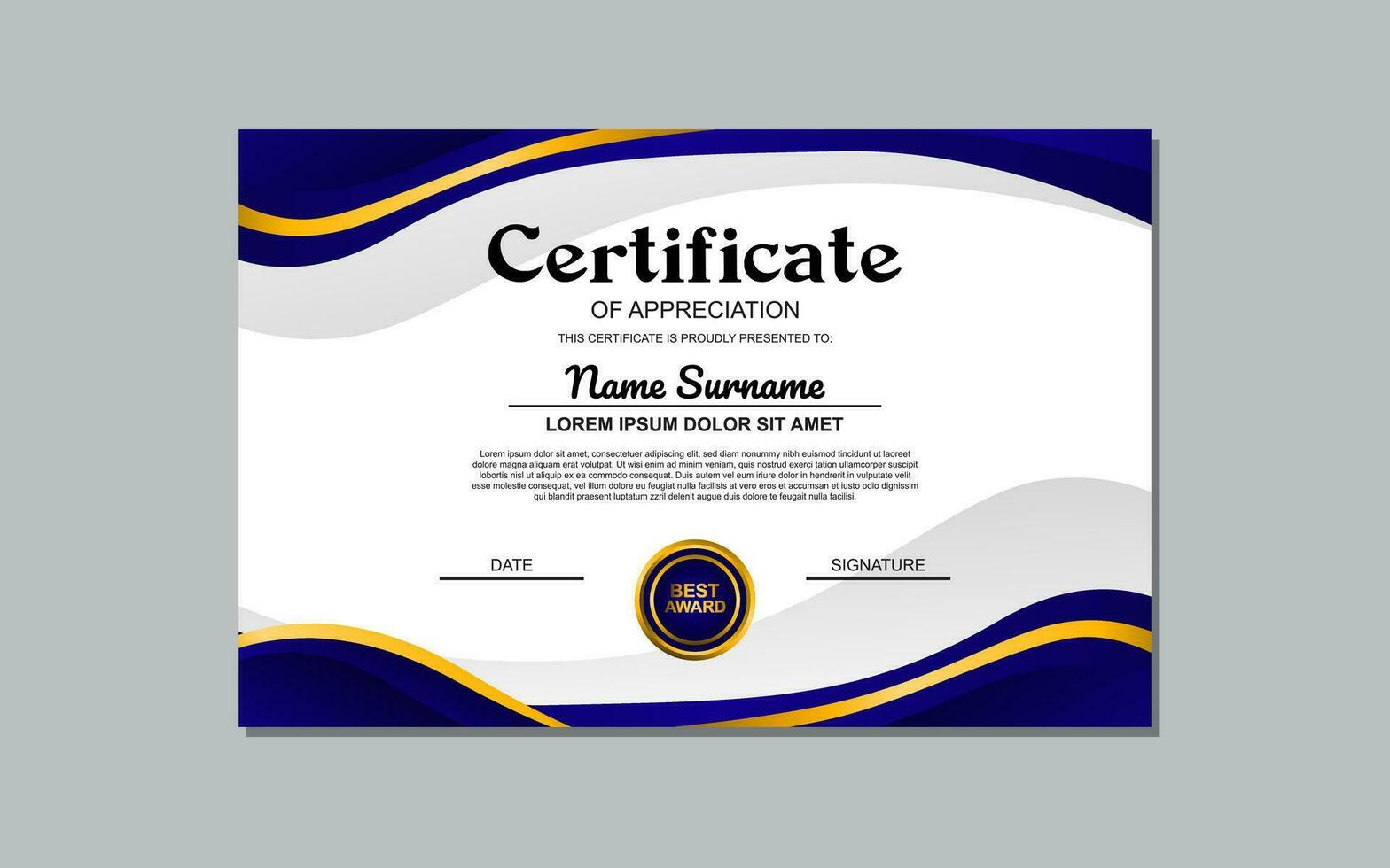 il certificato modello con un' blu e oro design è un elegante e personalizzabile design adatto per la creazione di formale certificati o premi con un' toccare di raffinatezza. vettore