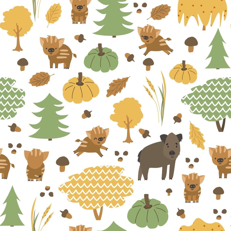 la famiglia del cinghiale è nel modello senza cuciture della foresta. maiale autunnale, i piccoli maialini animali sono felici. illustrazione vettoriale infantile di foglie disegnate a mano, ghianda, zucca, funghi, alberi di natale