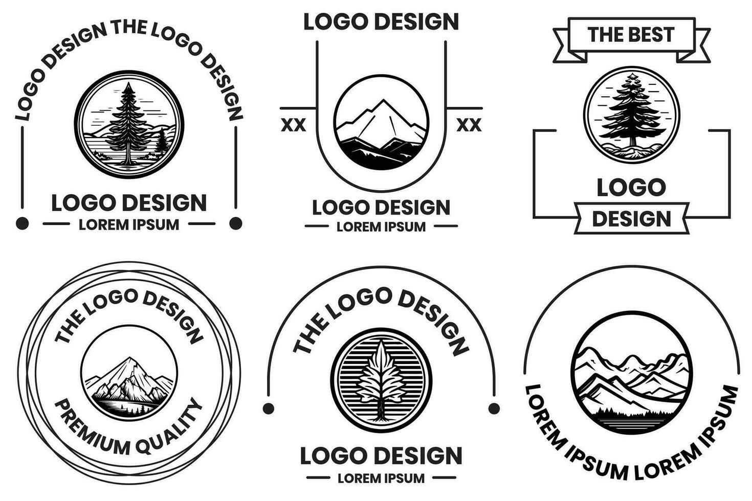 pino e montagna logo nel piatto linea arte stile vettore