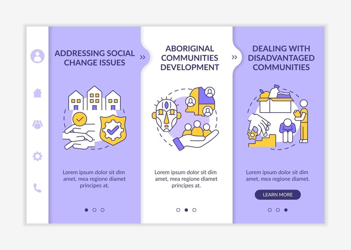 lo sviluppo dell'unità sociale mira al modello vettoriale di onboarding. sito mobile reattivo con icone. procedura dettagliata della pagina web 3 schermate di passaggio. affrontare le questioni sociali concetto di colore con illustrazioni lineari