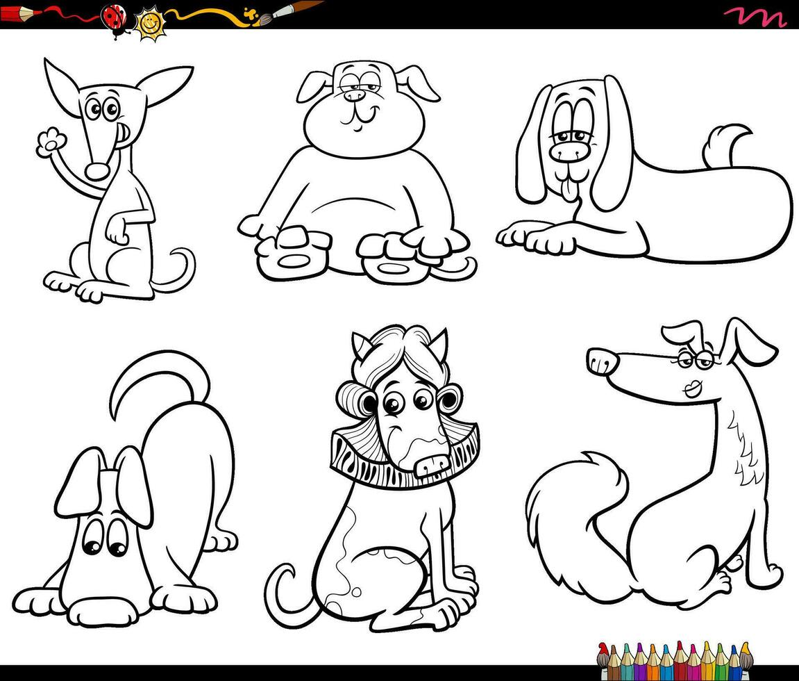 cartoni animati cani personaggi animali set da colorare pagina vettore