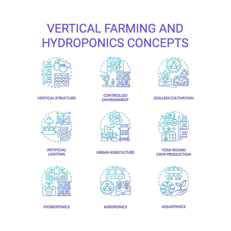pendenza icone impostato che rappresentano verticale agricoltura e idroponica concetti, isolato vettore, magro linea illustrazione. vettore