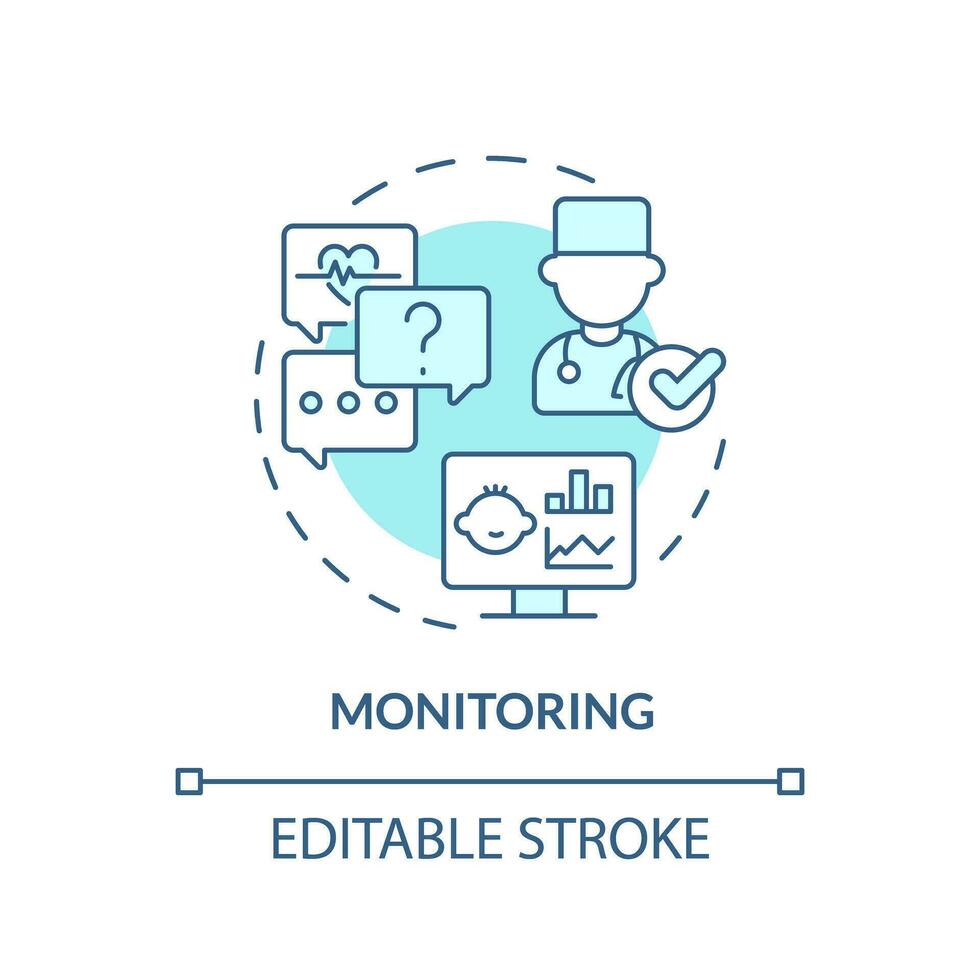 monitoraggio turchese concetto icona. Seguire su. Salute condizione. bambino patologia. medico consulente. assistenza all'infanzia centro astratto idea magro linea illustrazione. isolato schema disegno. modificabile ictus vettore