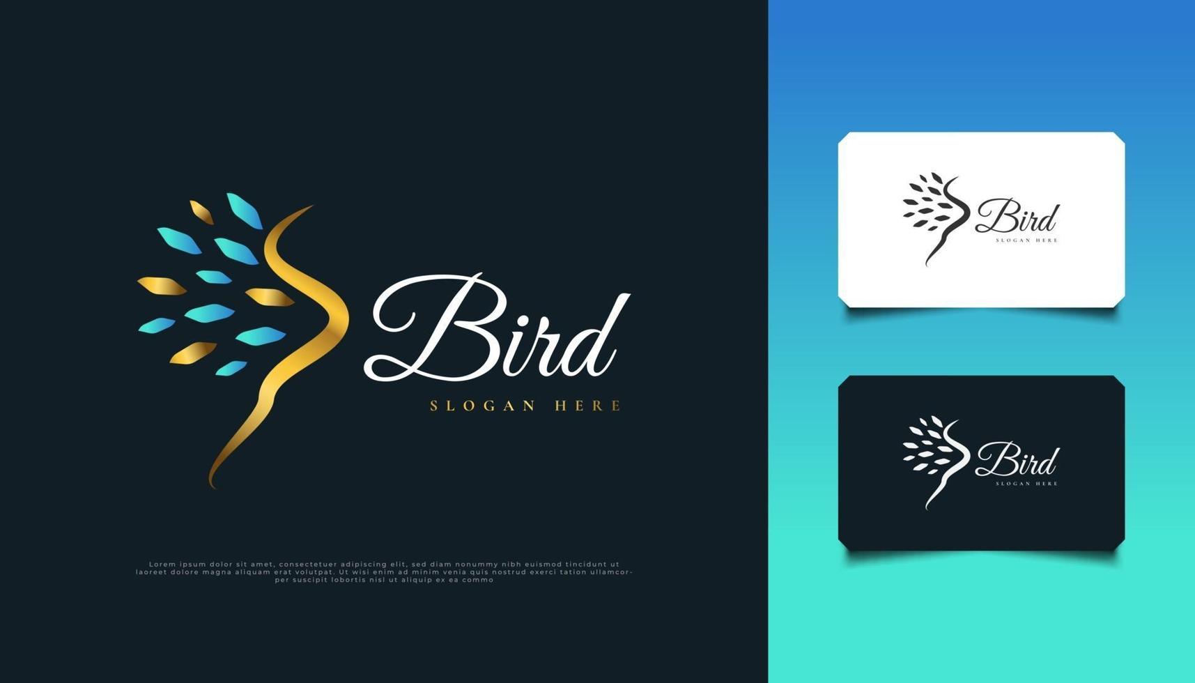 elegante logo dell'uccello in blu e oro con stile astratto. design del logo dell'uccello volante di lusso vettore