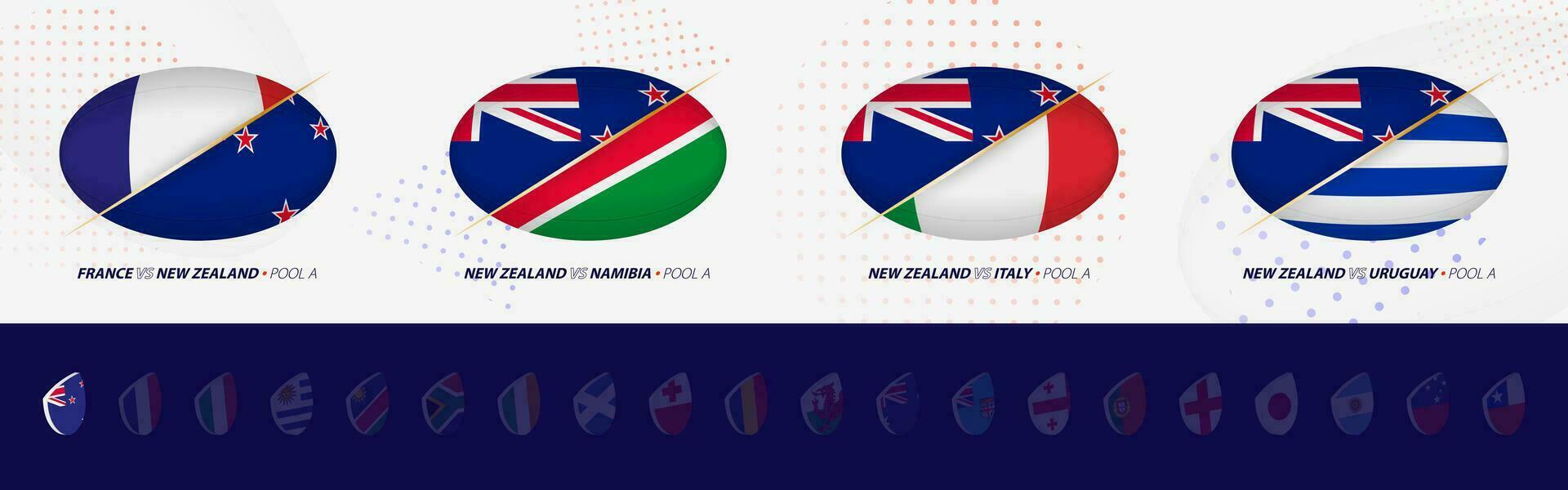 Rugby concorrenza icone di nuovo Zelanda Rugby nazionale squadra, tutti quattro fiammiferi icona nel piscina. vettore