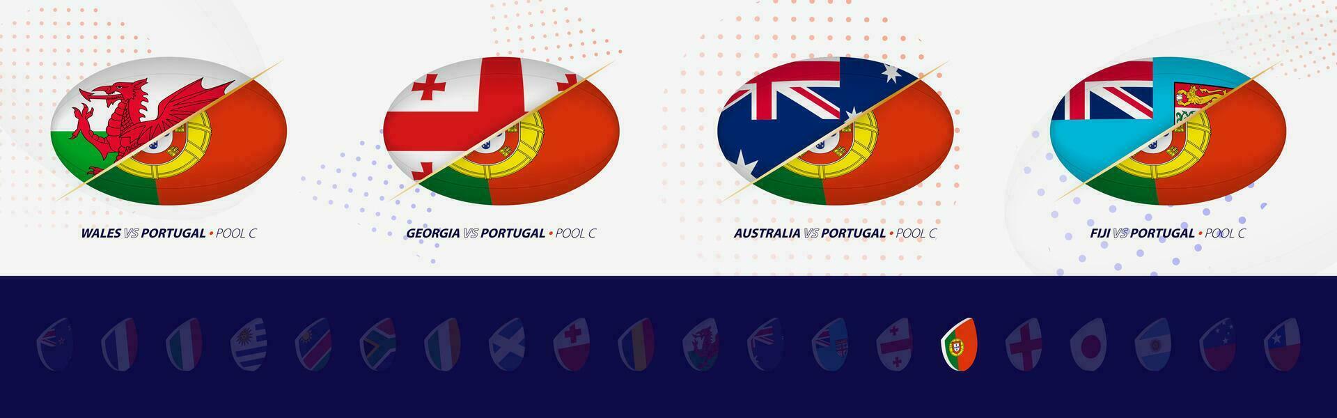 Rugby concorrenza icone di Portogallo Rugby nazionale squadra, tutti quattro fiammiferi icona nel piscina. vettore