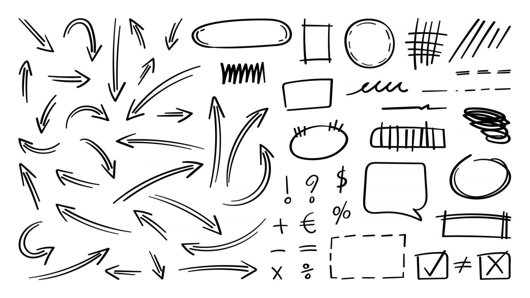 set di icone vettoriali freccia disegnata a mano. disegno della freccia di schizzo per il business plan e l'istruzione.