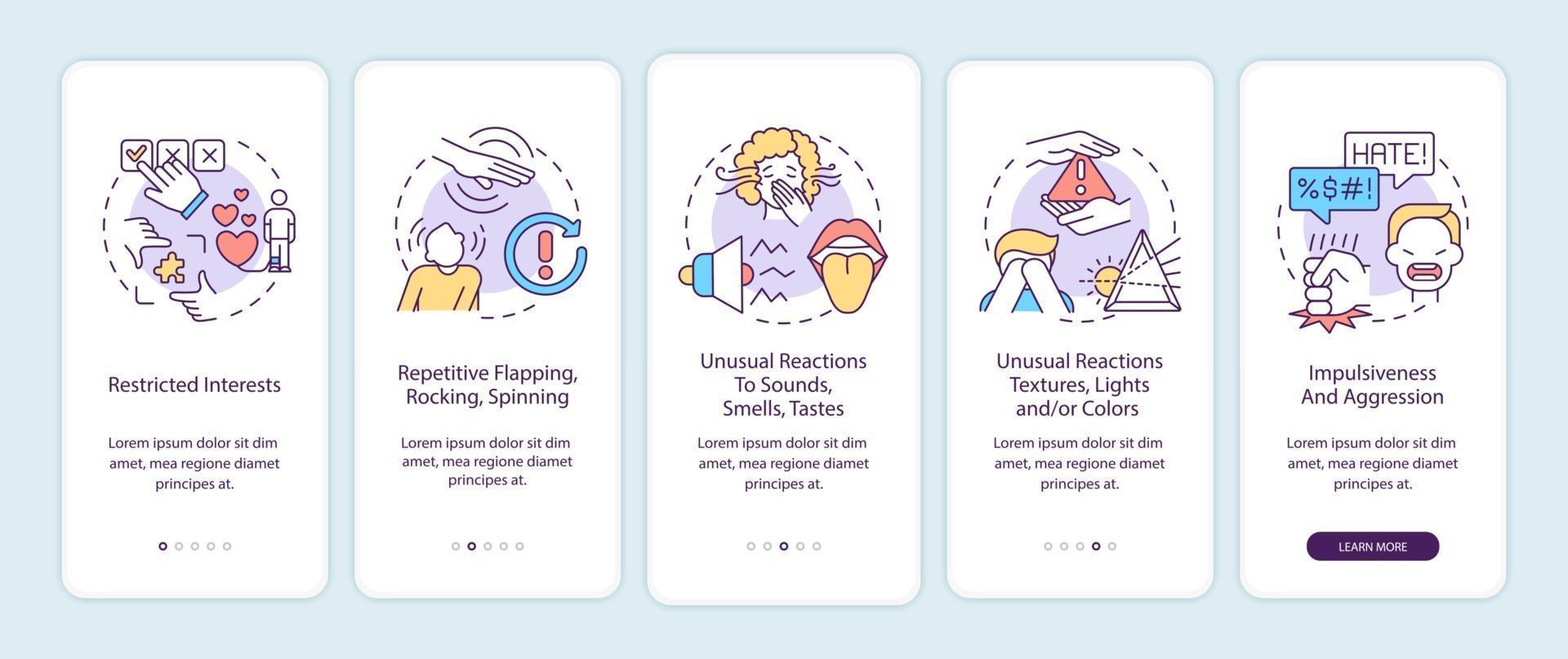 i sintomi dell'autismo a bordo della schermata della pagina dell'app mobile. interessi restrittivi, aggressione procedura dettagliata 5 passaggi istruzioni grafiche con concetti. ui, ux, gui modello vettoriale con illustrazioni a colori lineari