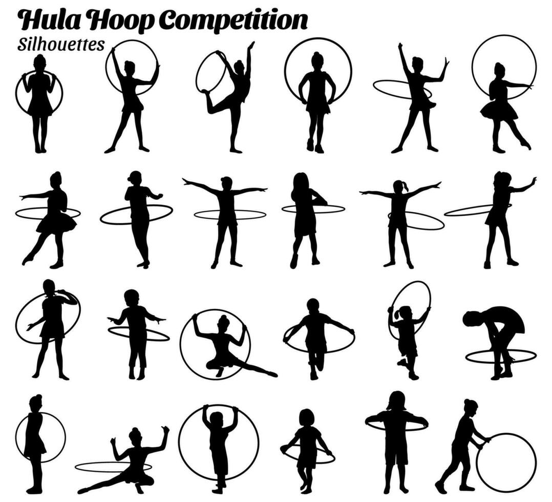 collezione di vettore illustrazioni di sagome di bambini competere per giocare il hula cerchio