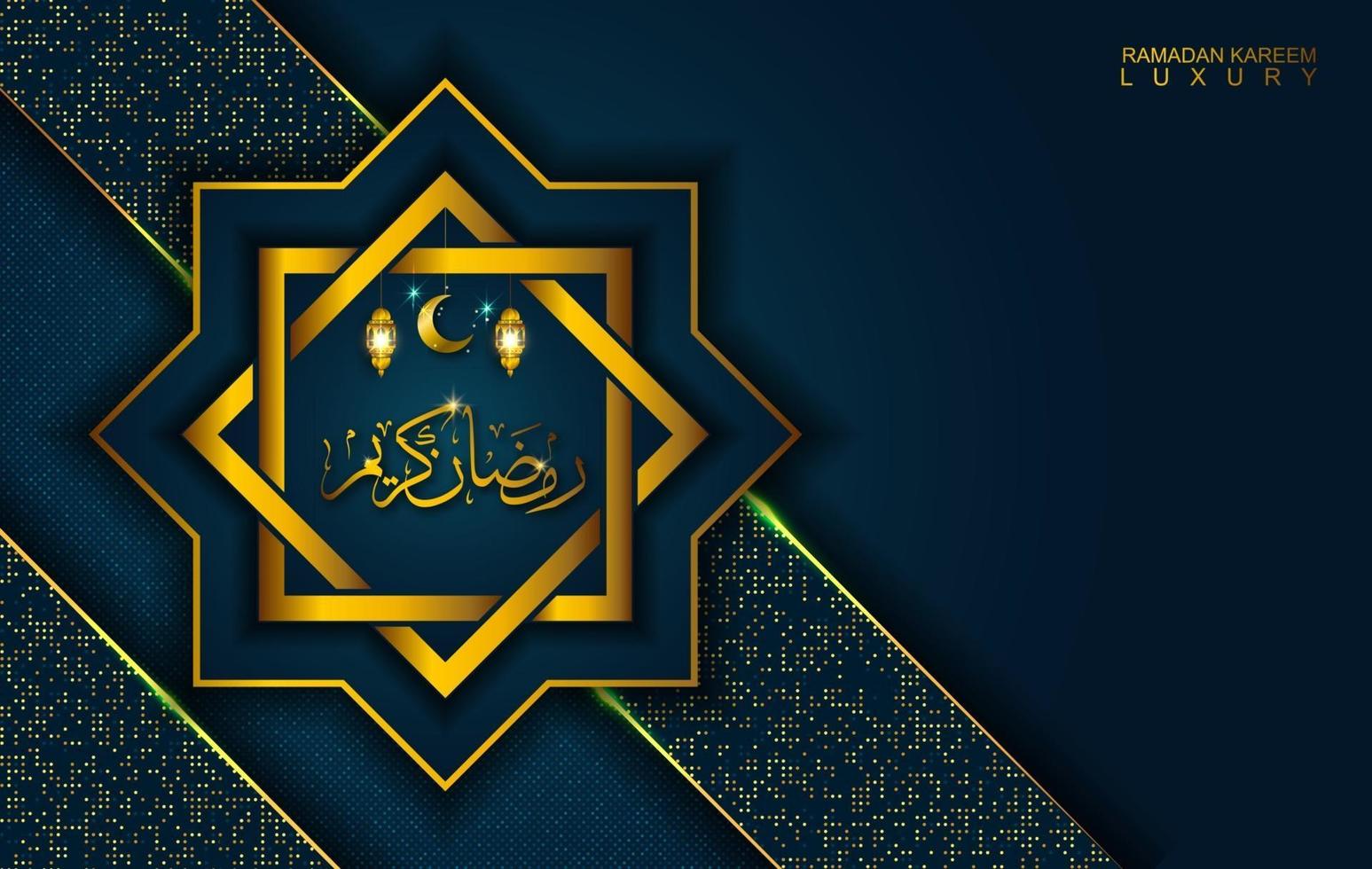 ramadan kareem in stile di lusso con calligrafia araba. mandala d'oro di lusso su sfondo blu scuro per ramadan mubarak vettore