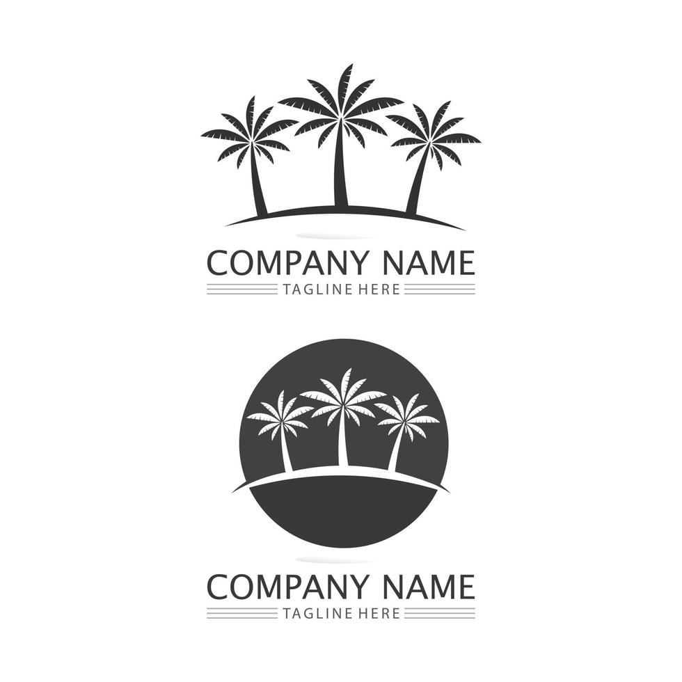 modello di logo estivo della palma spiaggia del tramonto caraibico e onda dell'oceano tropicale vettore