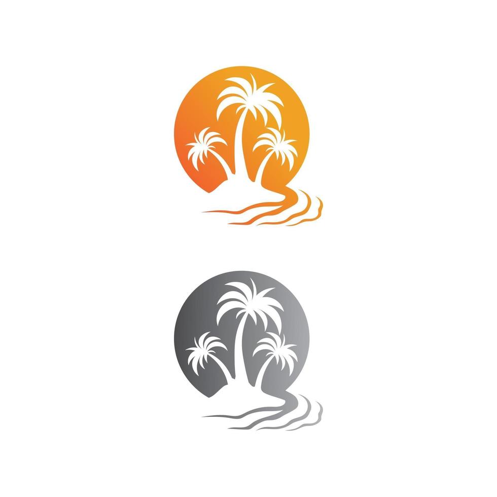 modello di logo estivo della palma spiaggia del tramonto caraibico e onda dell'oceano tropicale vettore