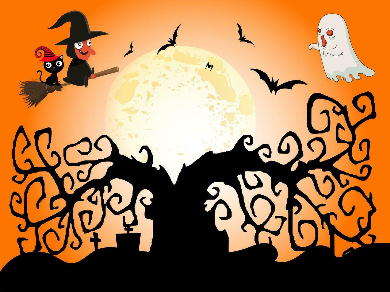 Halloween giorno Festival icone per striscioni, carte, volantini, sociale media sfondi, eccetera. Halloween illustrazione. orizzontale bandiera con zucche su notte sfondo. vettore