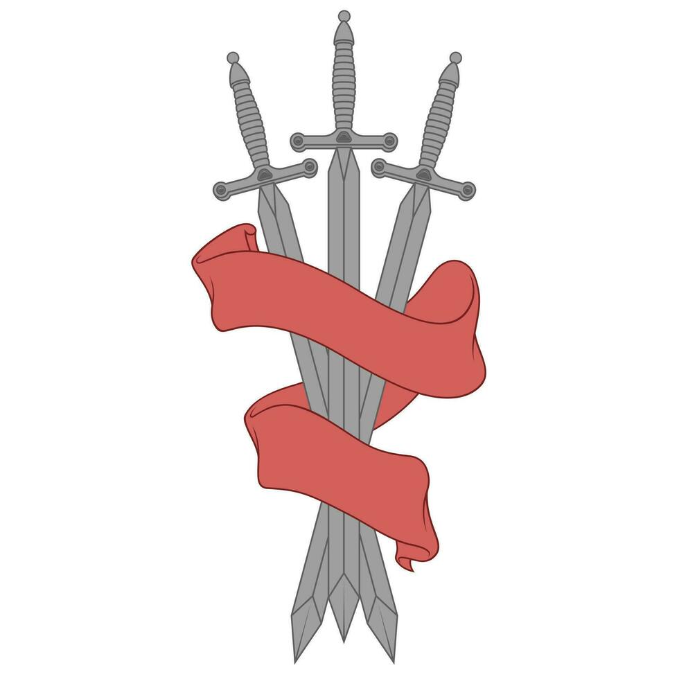europeo medievale spada vettore disegno, medievale spade circondato con araldico nastro
