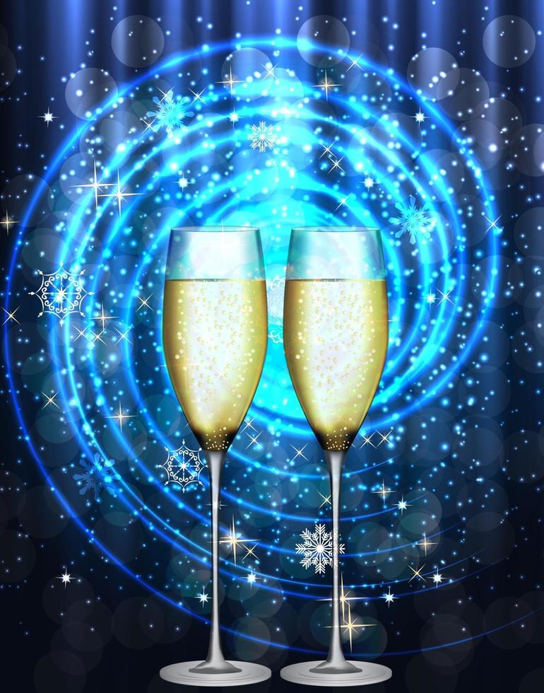 due bicchieri di champagne o bevanda frizzante su sfondo di stelle vettore