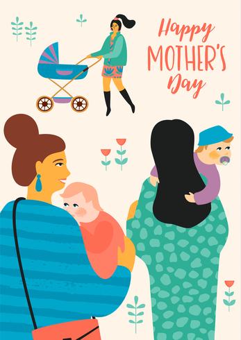 Buona festa della mamma. Illustrazione vettoriale con donne e bambini.
