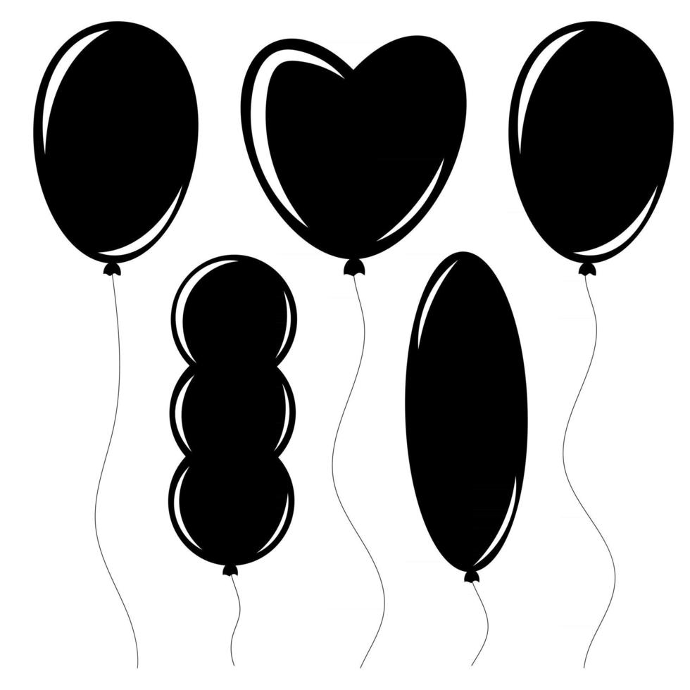 set di sagome nere piatte isolate di palloncini su corde. design semplice su sfondo bianco vettore
