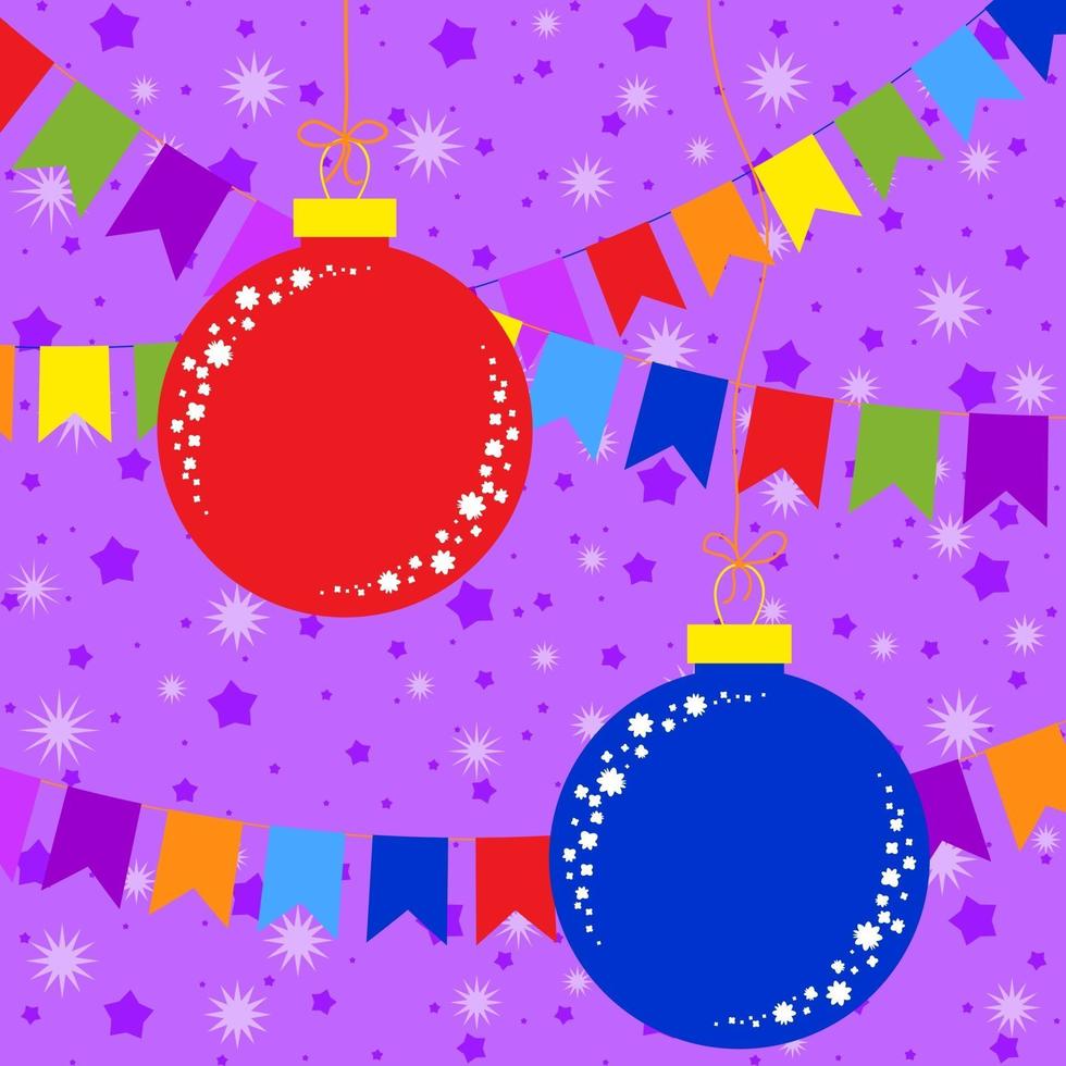 set piatto colorato di giocattoli natalizi isolati sotto forma di palline di blu e rosso. sullo sfondo di stelle viola e ghirlande di bandiere. design semplice per l'elaborazione. vettore