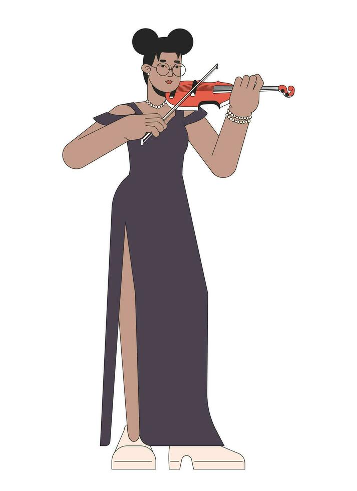 assolo violinista femmina linea cartone animato piatto illustrazione. africano americano adulto donna sinfonia violinista 2d Linea artistica personaggio isolato su bianca sfondo. violino arco Tenere scena vettore colore Immagine