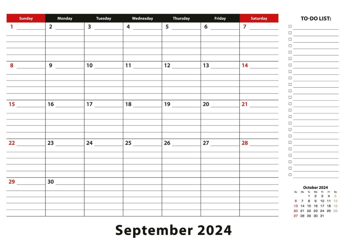 settembre 2024 mensile scrivania tampone calendario settimana inizia a partire dal domenica, dimensione a3. vettore