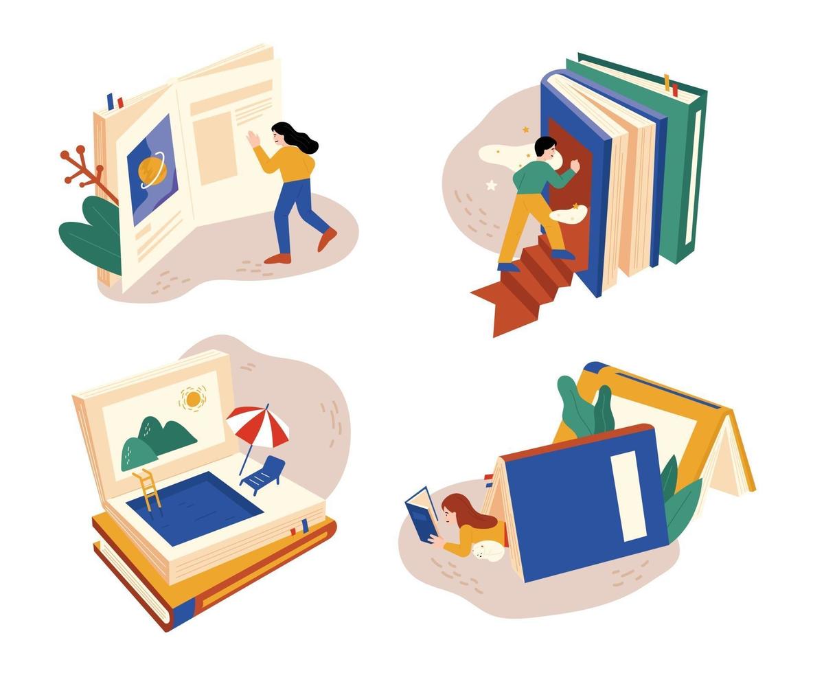 persone che leggono un enorme libro aperto. ci sono molti mondi diversi nel libro. stile design piatto minimo illustrazione vettoriale. vettore