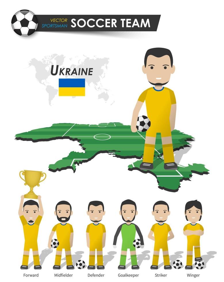squadra nazionale di calcio dell'ucraina. giocatore di football con maglia sportiva in piedi sulla mappa del paese del campo prospettico e sulla mappa del mondo. insieme di posizioni del calciatore. design piatto personaggio dei cartoni animati. vettore. vettore