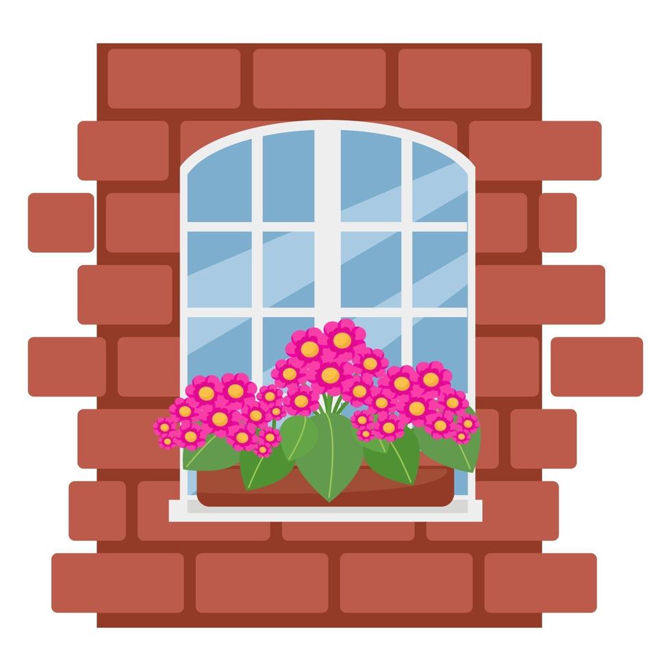 scatola con fiori sulla finestra, muro di mattoni con finestra bianca, illustrazione vettoriale in stile piatto, cartone animato, isolato