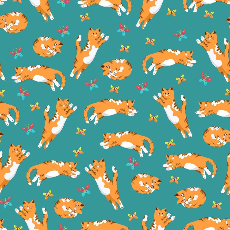 gatti e farfalle senza cuciture in stile piatto, sfondo vettoriale con animali, gatto in diverse pose pattern