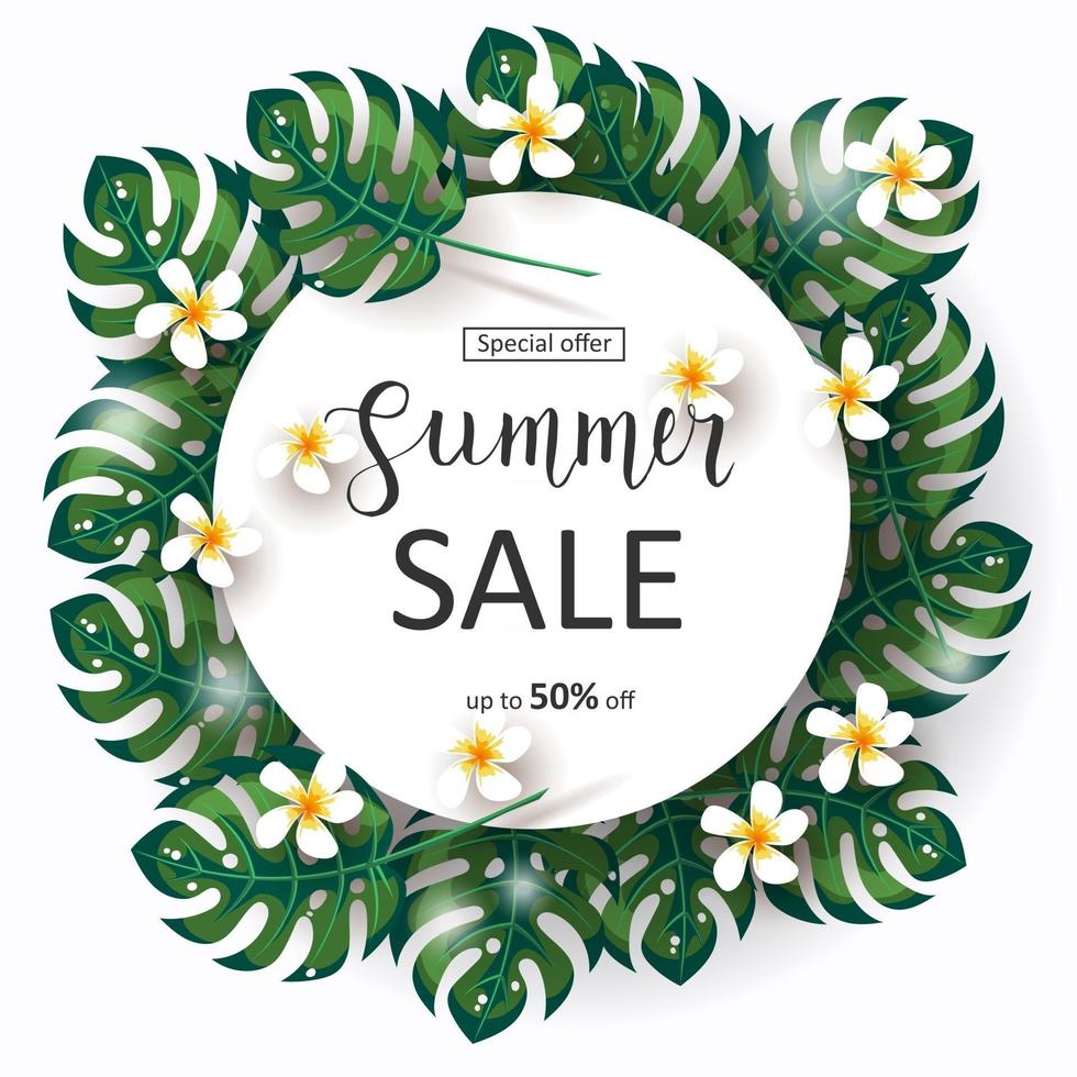 offerta speciale. fino al 50% di sconto. sfondo di vendita tropicale estiva con cornice di foglie di palma esotiche. fiori tropicali isolati su bianco. scritte fatte a mano vettore