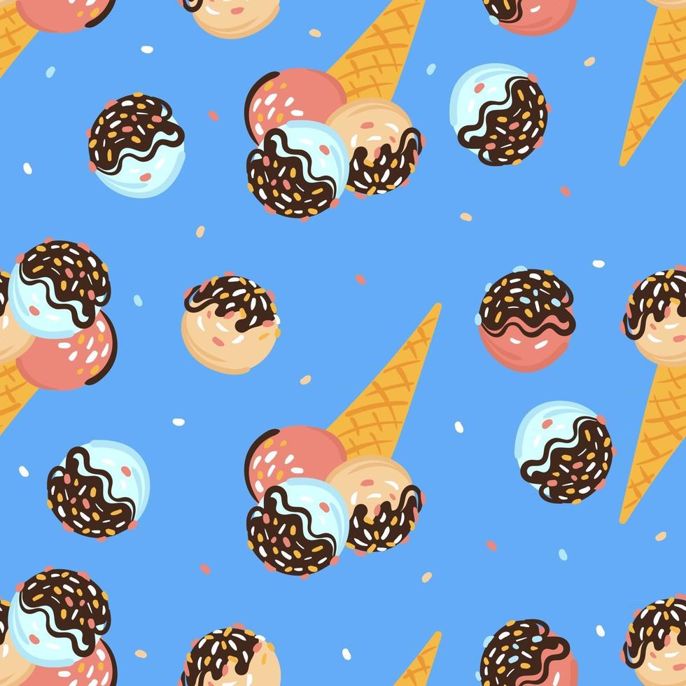 Pallina di gelato senza cuciture in un cono di cialda con cioccolato e granelli su uno sfondo blu brillante. illustrazione di cartone animato vettoriale
