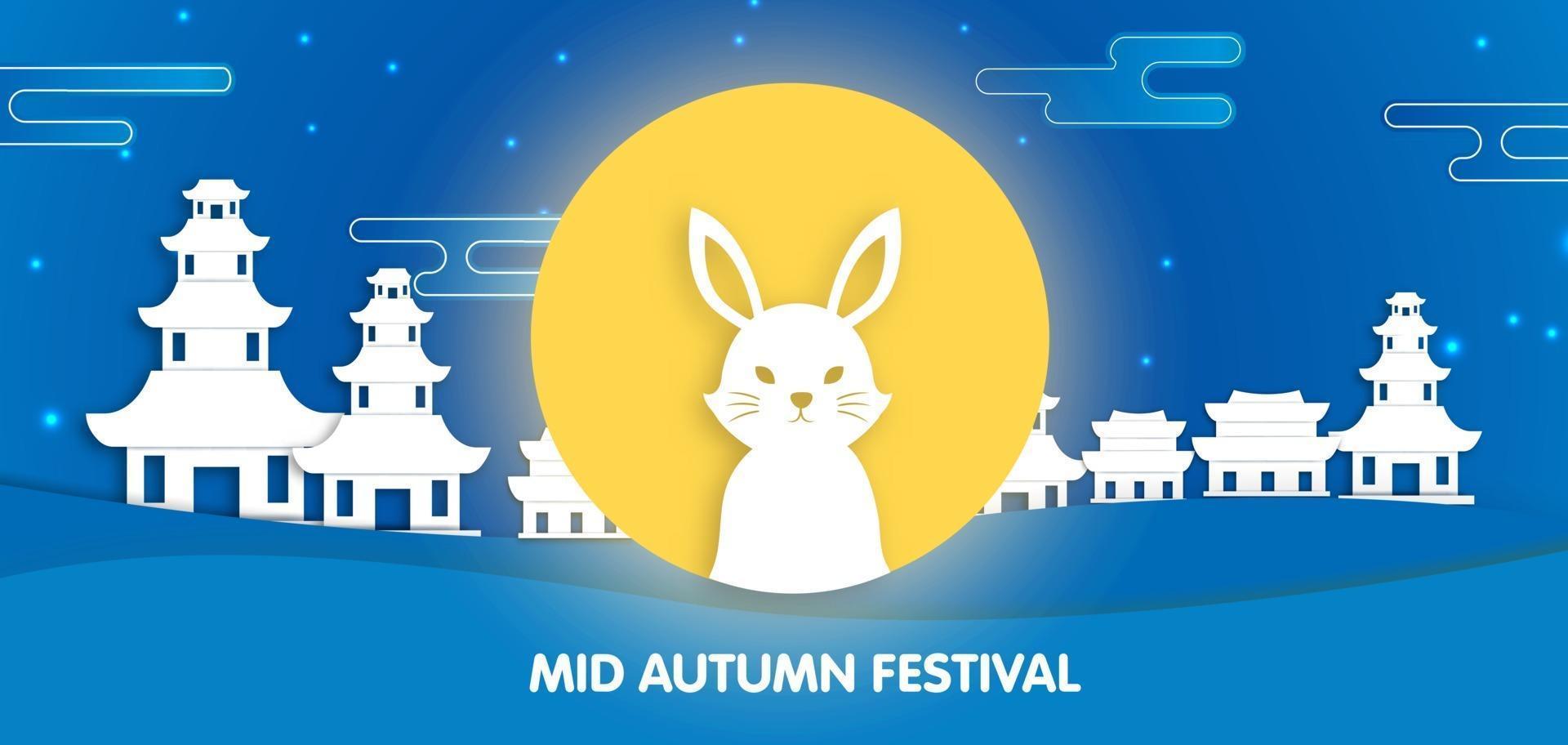 banner del festival di metà autunno con simpatici conigli in stile carta tagliata. vettore