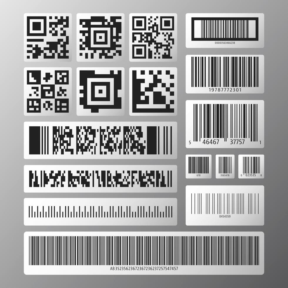 codice a barre e codice qr impostato. astratti vari codici a barre e codici qr su adesivi bianchi. illustrazione vettoriale. vettore