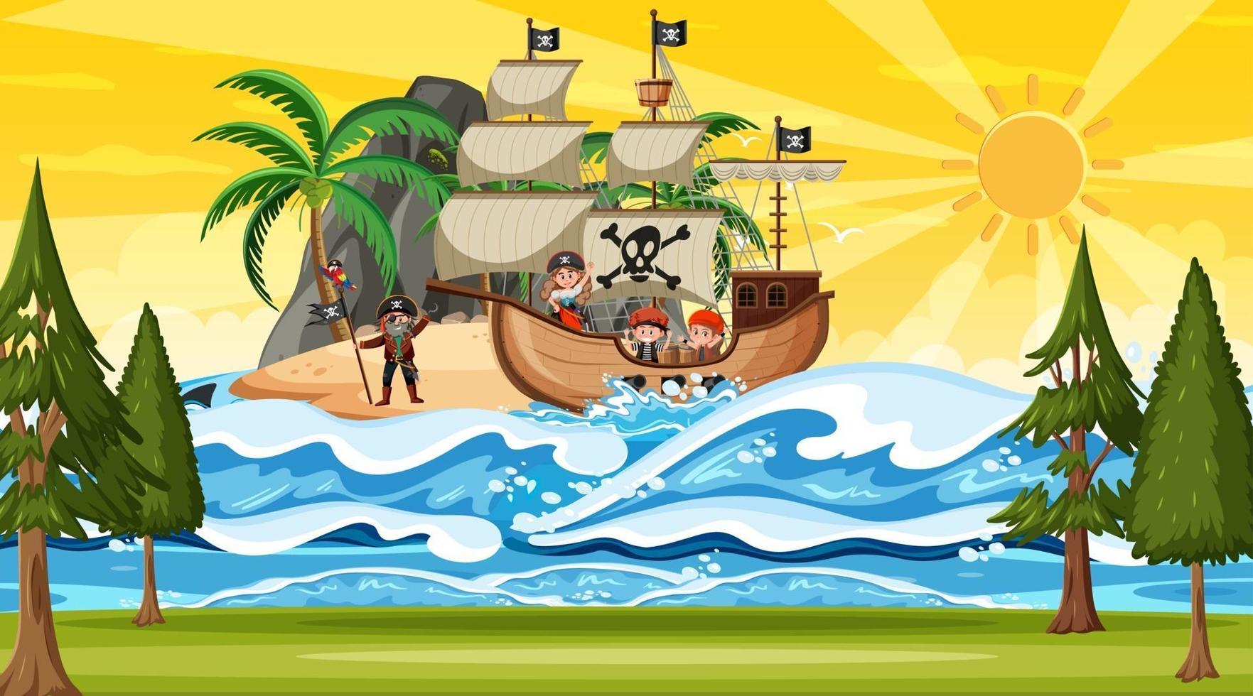 spiaggia alla scena del tramonto con personaggio dei cartoni animati di bambini pirata sulla nave vettore