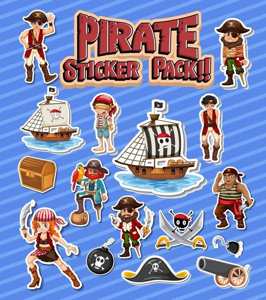 set di adesivi pirata con personaggio dei cartoni animati isolato vettore