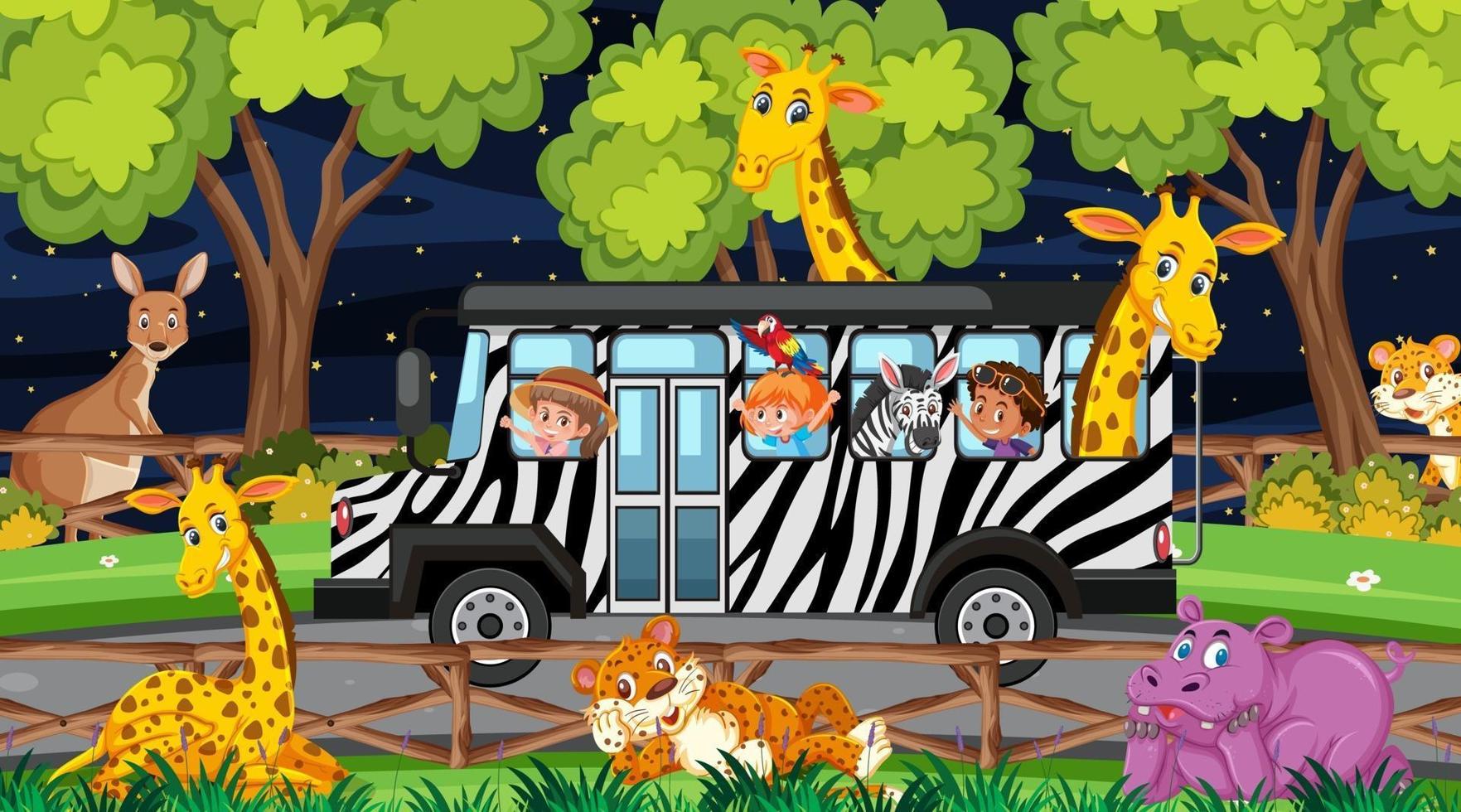 animali nella scena del safari con i bambini nell'auto turistica vettore