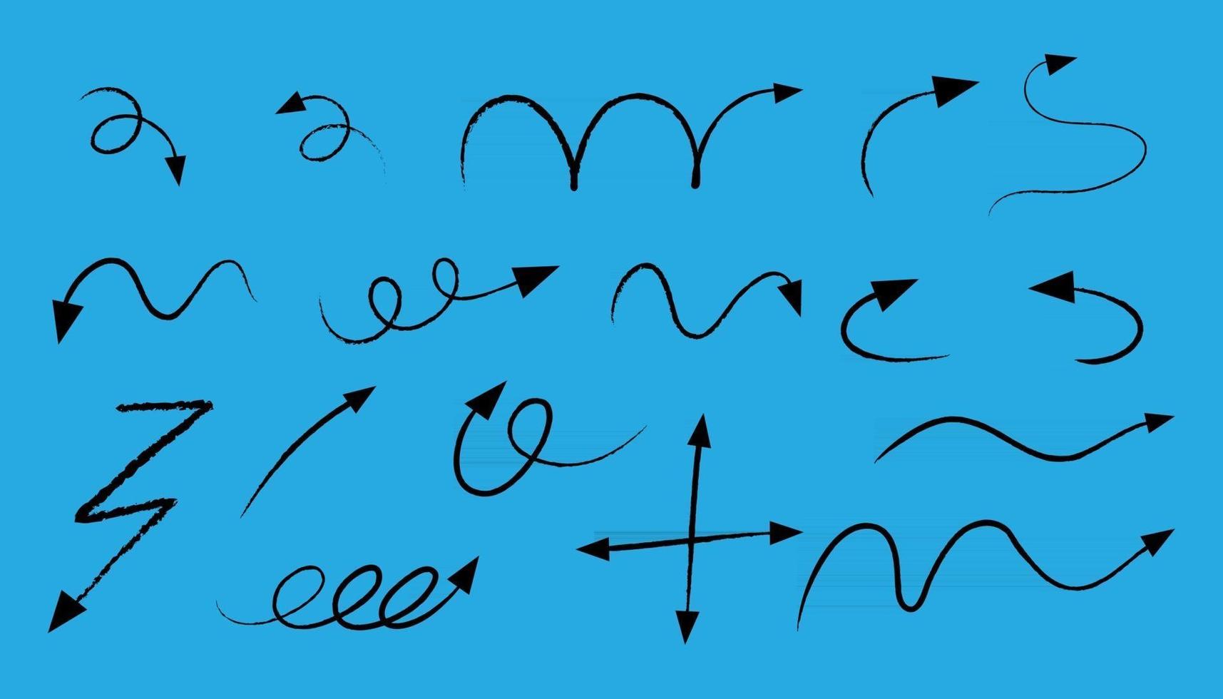 diversi tipi di frecce curve disegnate a mano su sfondo blu vettore