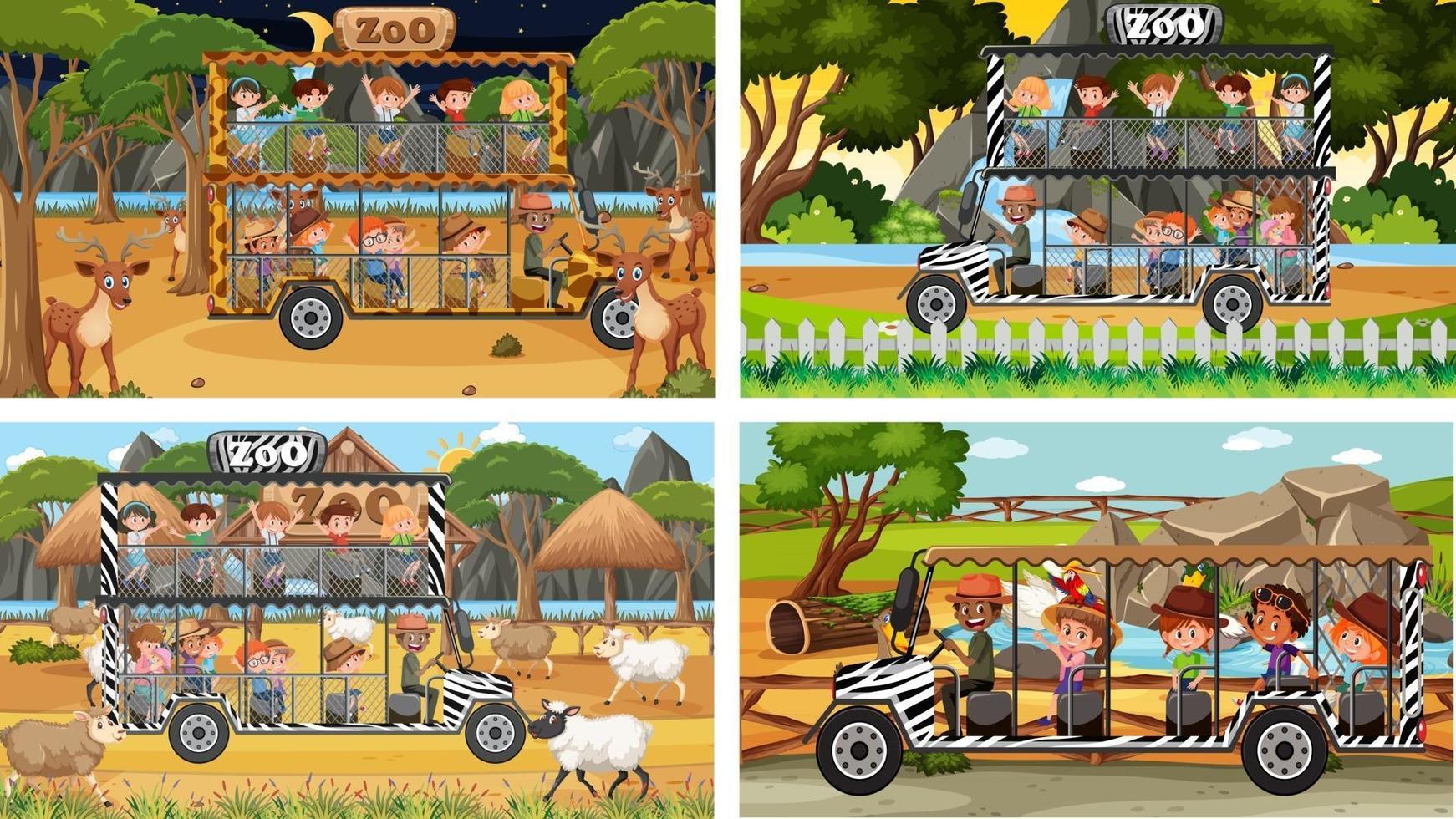 set di diverse scene di safari con animali e personaggi dei cartoni animati per bambini vettore