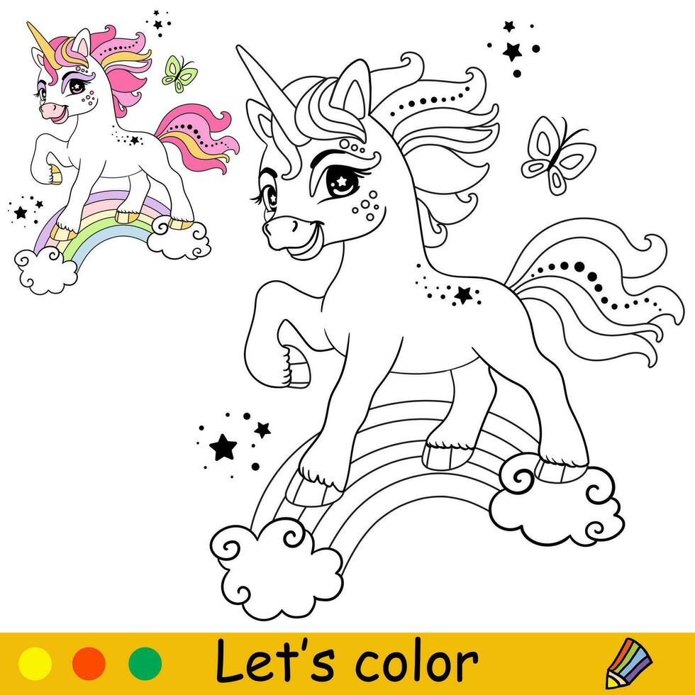 cartone animato unicorno salto su il arcobaleno colorazione vettore