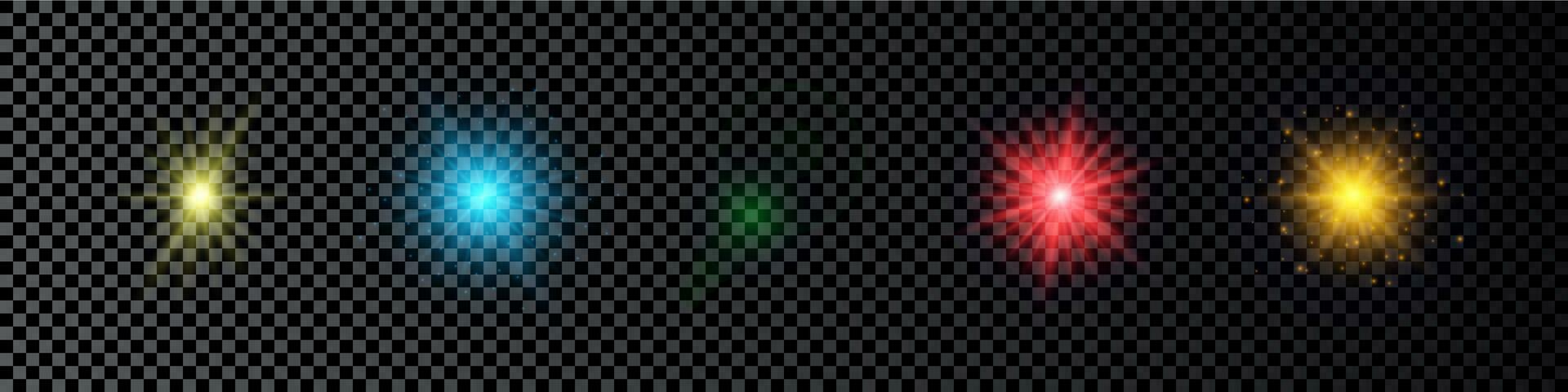 leggero effetto di lente razzi. impostato di cinque multicolore raggiante luci starburst effetti con scintille su un' buio sfondo. vettore illustrazione
