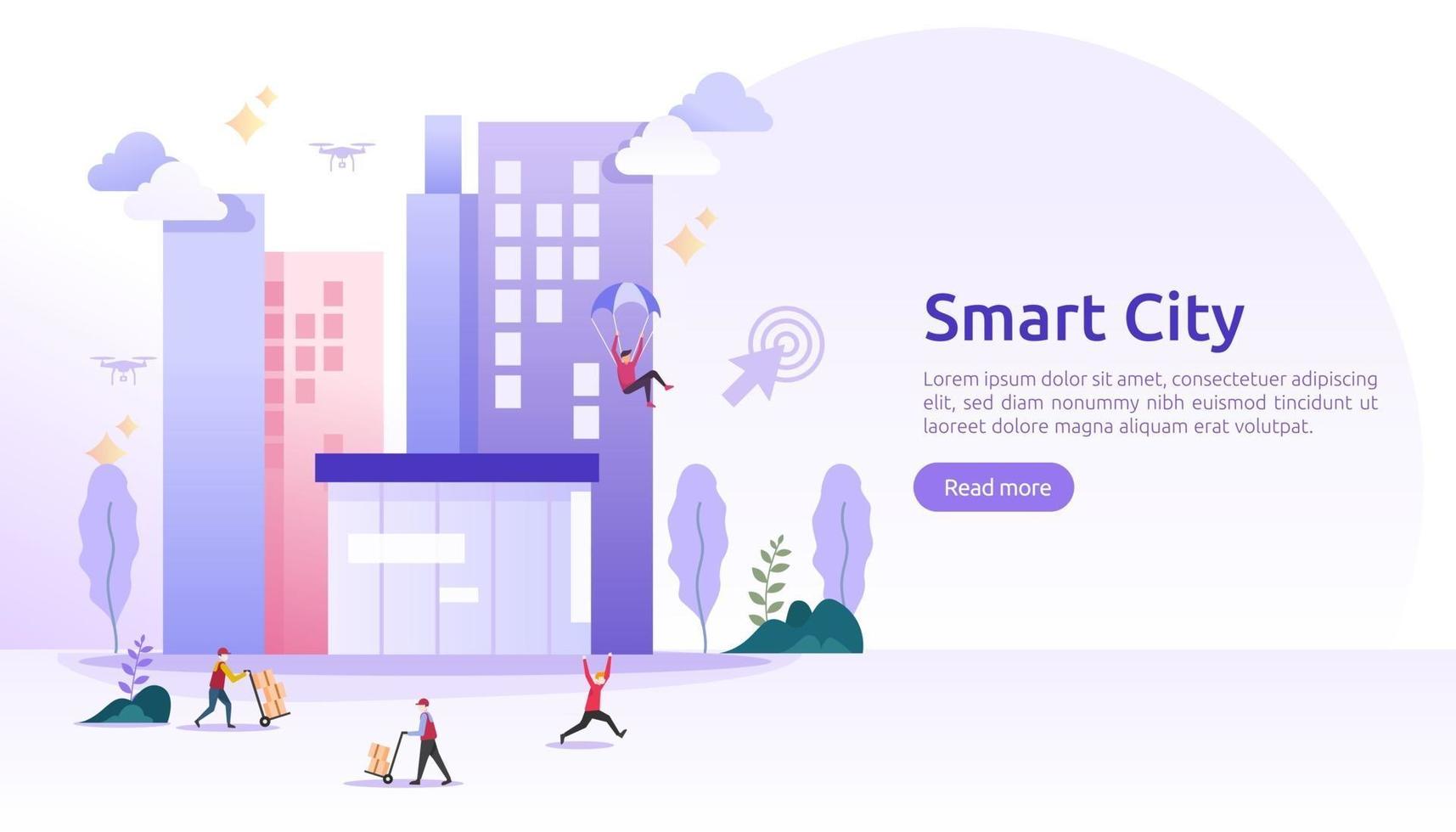 concetto di servizi di smart city con reti internet delle cose e realtà aumentata. paesaggio urbano con edifici, grattacieli, traffico di trasporto. illustrazione vettoriale stile piatto per landing page web