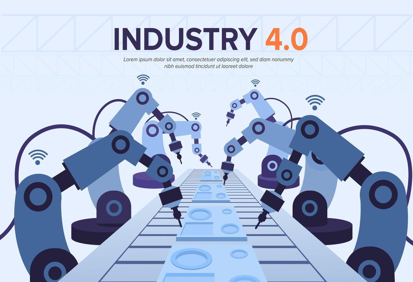 banner industria 4.0 con braccio robotico. rivoluzione industriale intelligente vettore