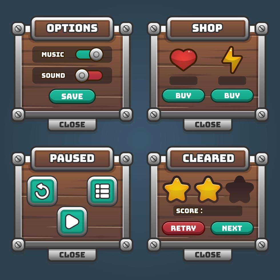 set di menu dell'interfaccia utente in legno e argento di gioco vettore