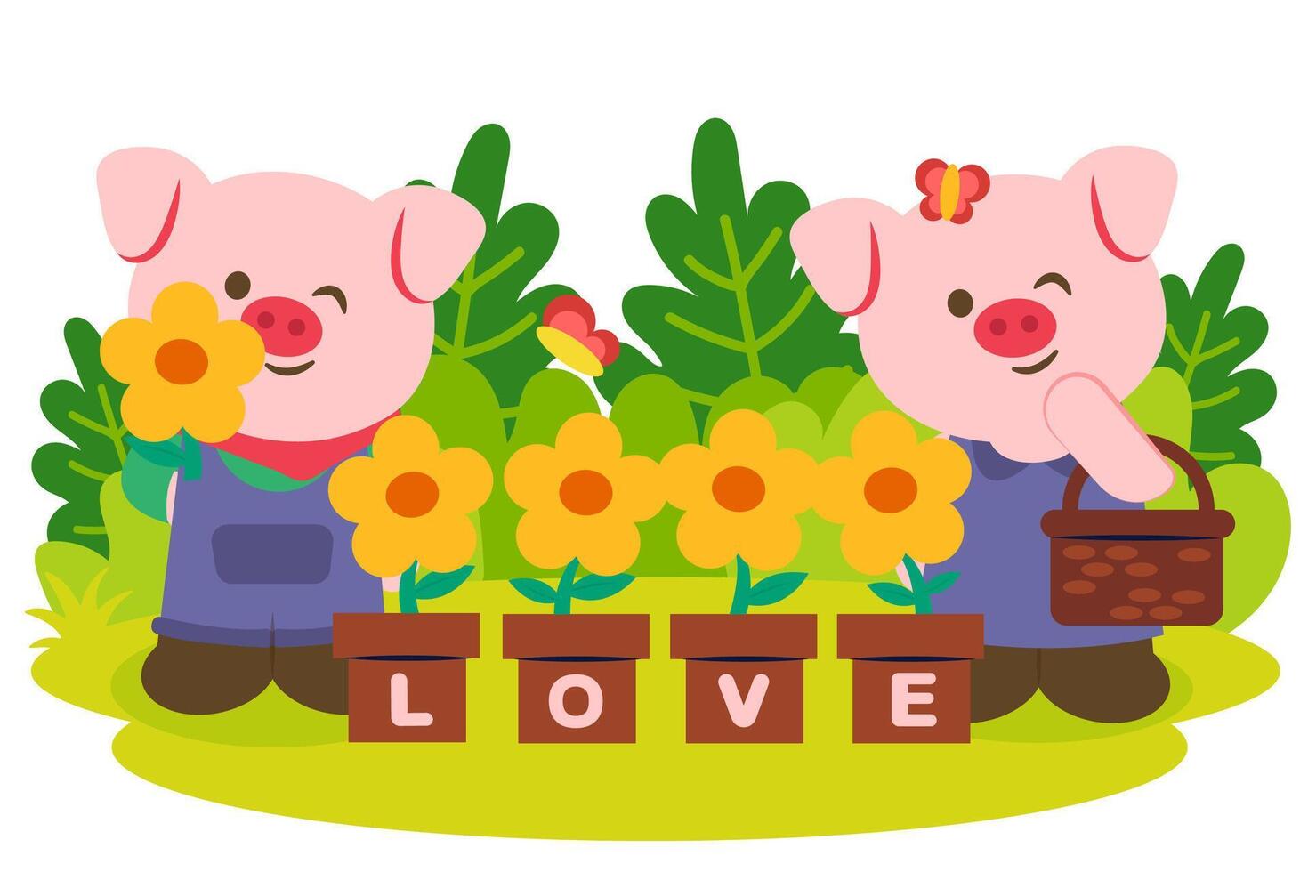 coppia di maialini mignoli con fiore di sole in vaso vettore
