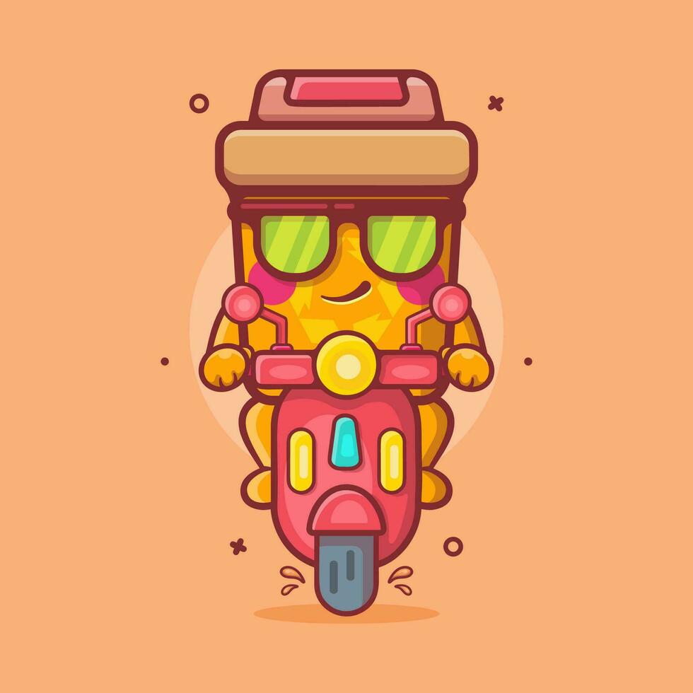freddo riciclare bidone personaggio portafortuna equitazione scooter motociclo isolato cartone animato nel piatto stile design vettore