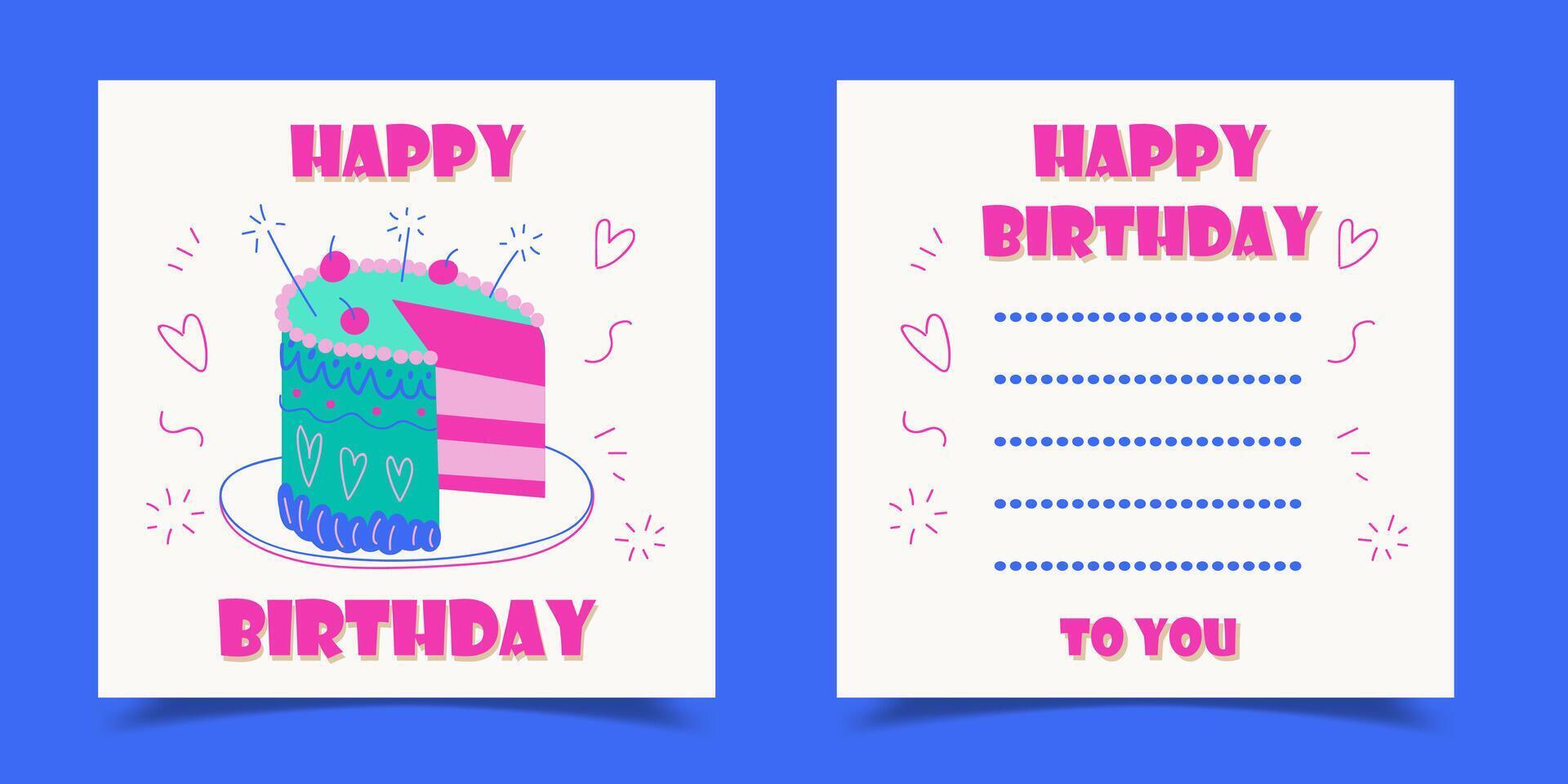 biglietto di auguri di buon compleanno decorato con torta e carta da lettere vettore