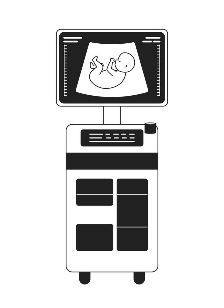 ultrasuono diagnostico macchina monocromatico piatto vettore oggetto. bambino su schermo. modificabile nero e bianca magro linea icona. semplice cartone animato clip arte individuare illustrazione per ragnatela grafico design