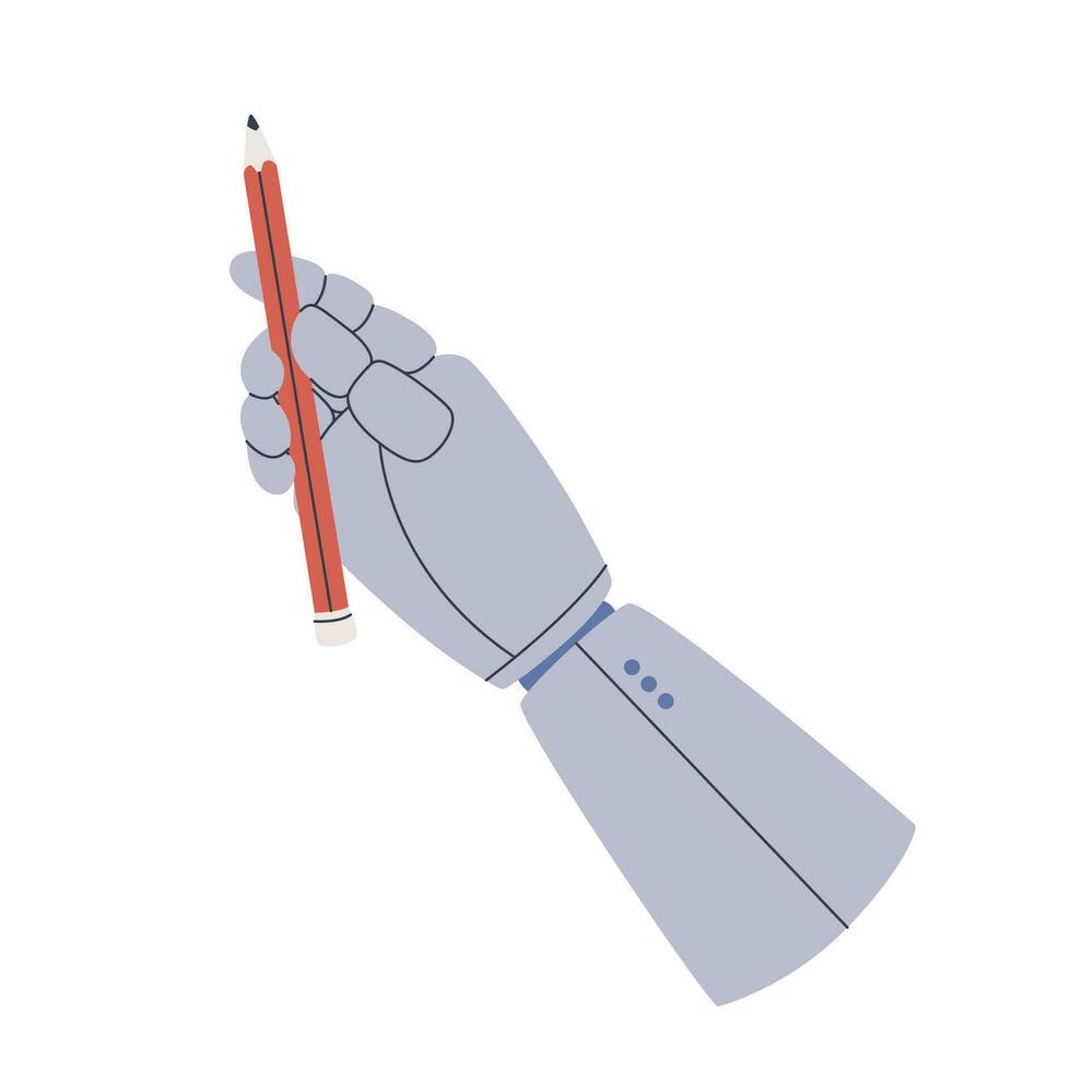 mano di cyborg o robot detiene un' matita. meccanico palma con dita. artificiale intelligenza disegna. vettore piatto isolato illustrazione.