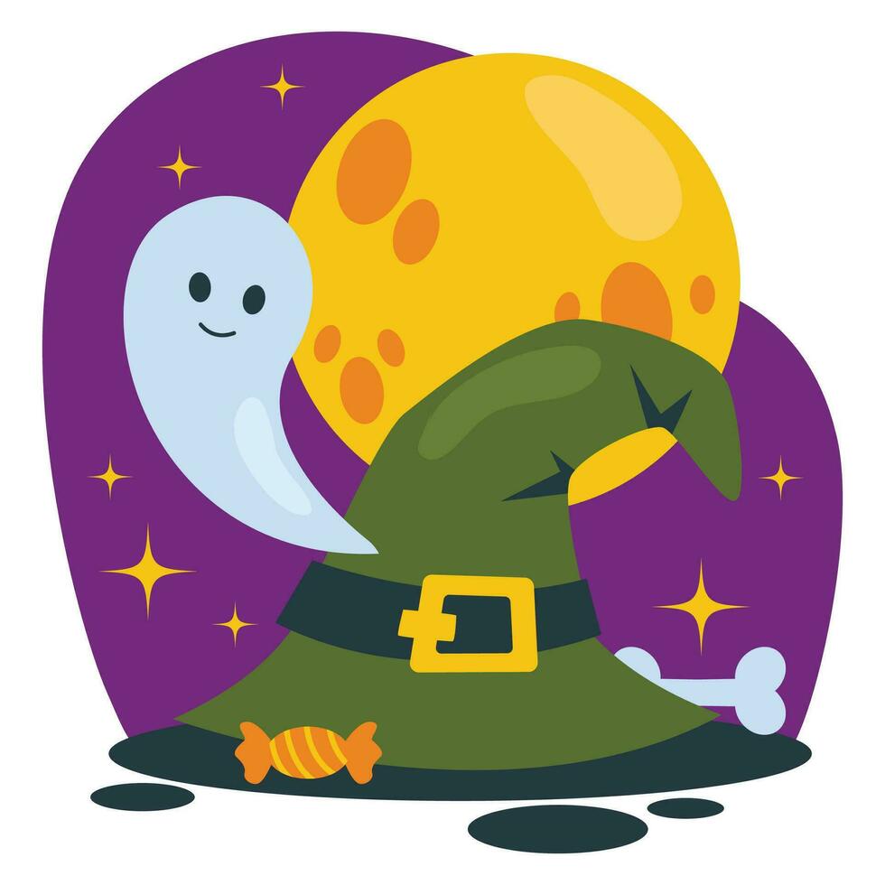 impostato di Halloween illustrazioni. strega cappello, caramella, osso, fantasma. sfondo con grande Luna e stelle. vettore grafico.