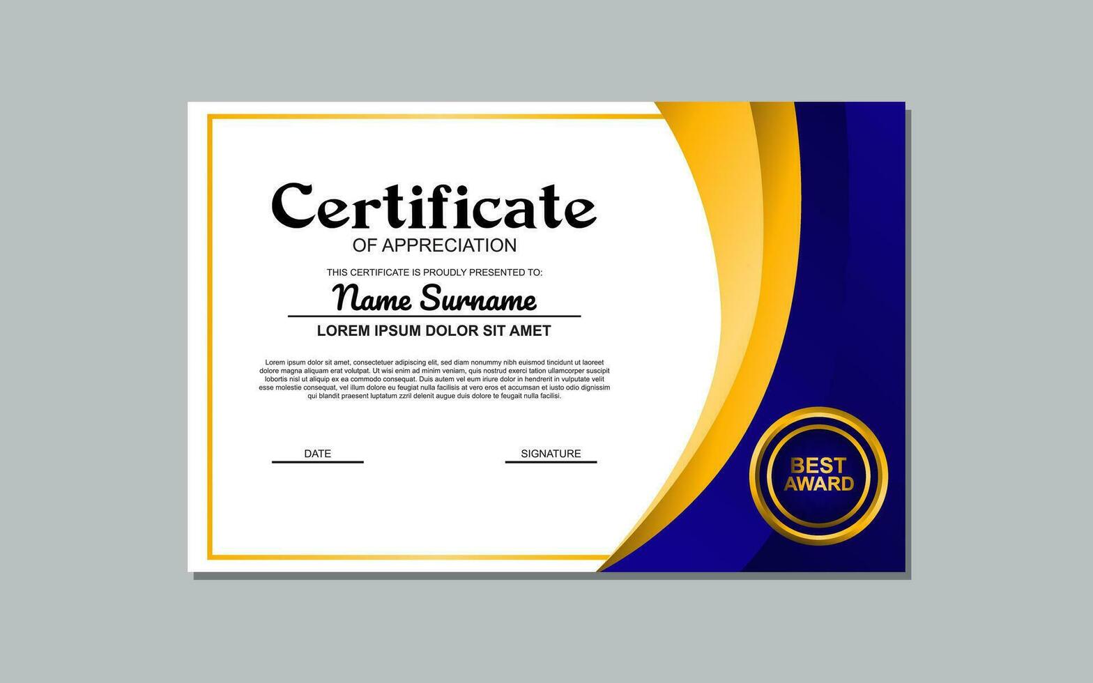 il certificato modello con un' blu e oro design è un elegante e personalizzabile design adatto per la creazione di formale certificati o premi con un' toccare di raffinatezza. vettore