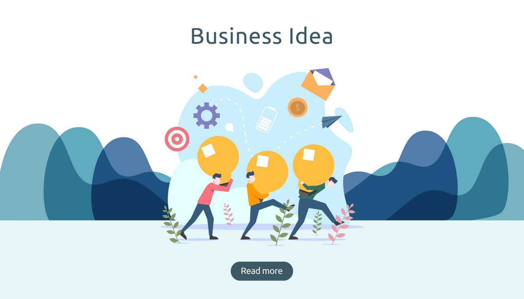 concetto di idea di brainstorming aziendale di lavoro di squadra con grande lampada a lampadina gialla, personaggio minuscolo di persone. soluzione di innovazione creativa. modello per landing page web, banner, presentazione, social media vettore